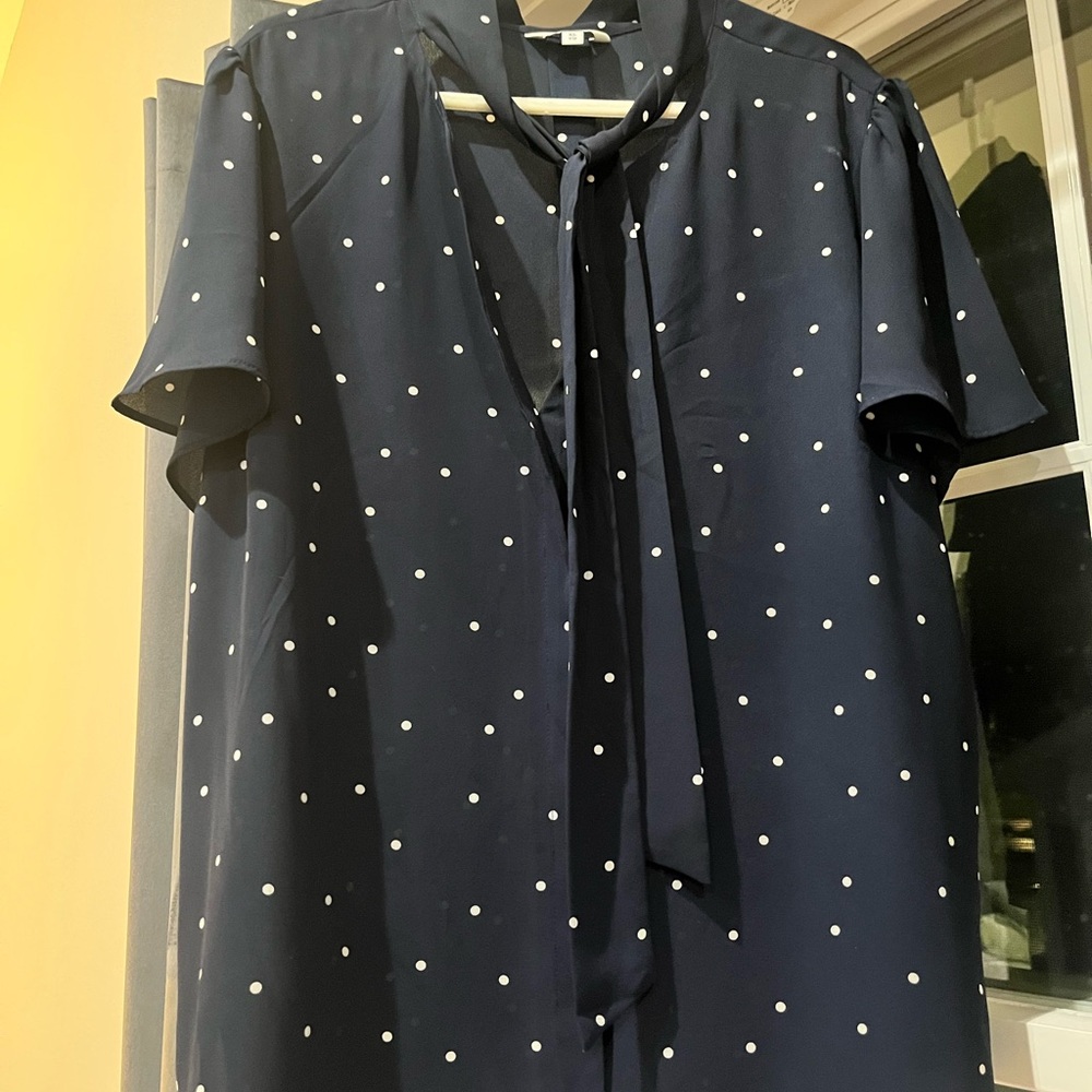 Reitmans Chiffon Navy Polka Dot Blouse with Tie Neck.